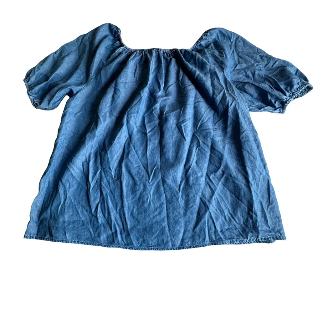 Loft Women's Blue Lyocell Chambray Puff Sleeve Scoop Neck Blouse Top Size S NWOT